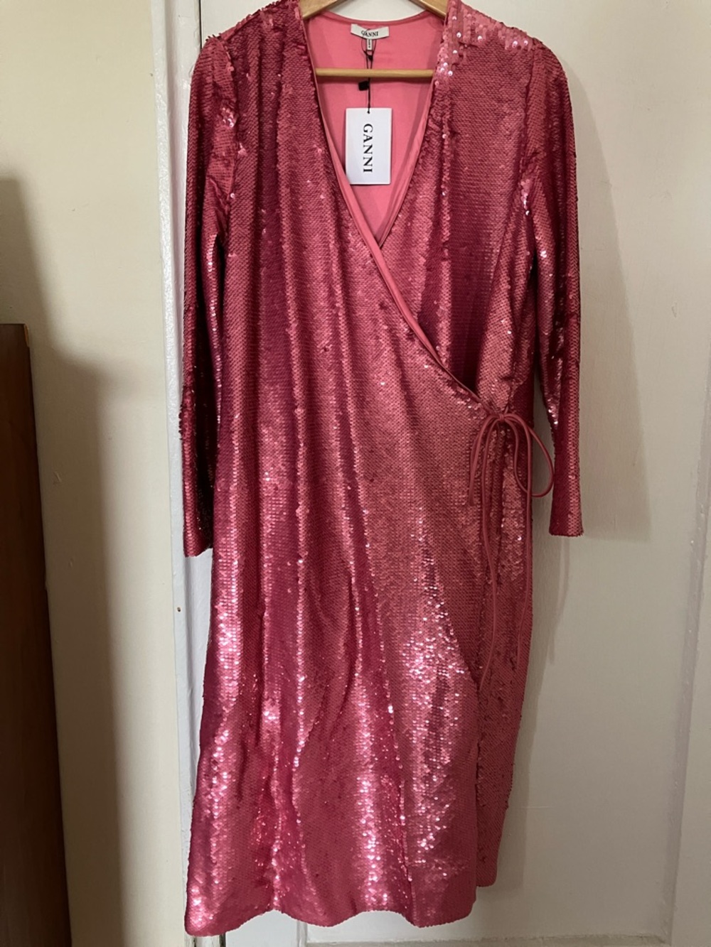 Ganni Rose Pink Sequin Wrap Dress. NWT